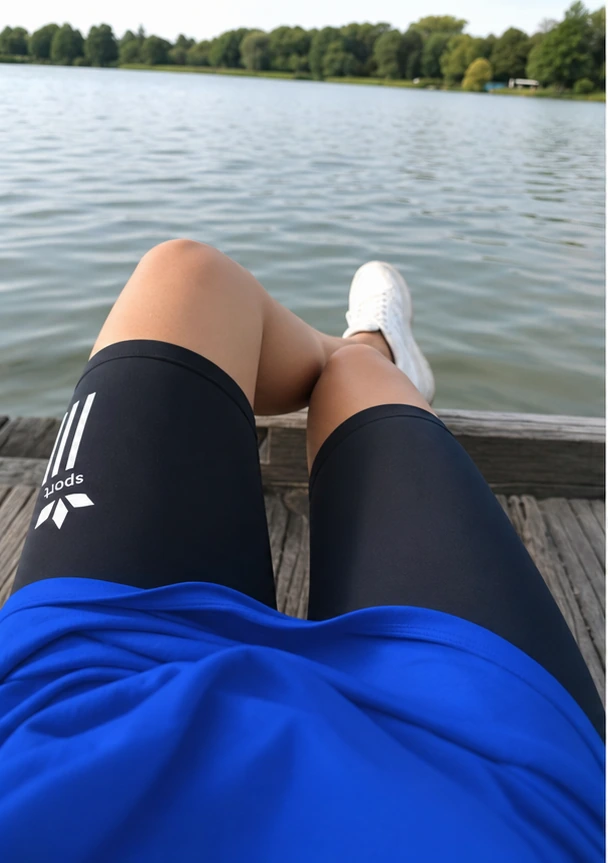 Königsblaues Sport-Set aus der Ich-Perspektive am See