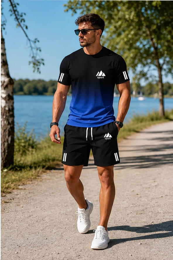 Blau verlaufendes Herren Sport-Set beim Seespaziergang