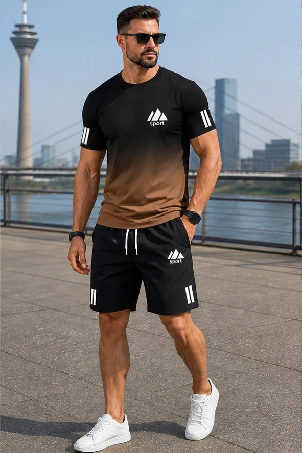 Braun verlaufendes Herren Sport-Set an der Promenade