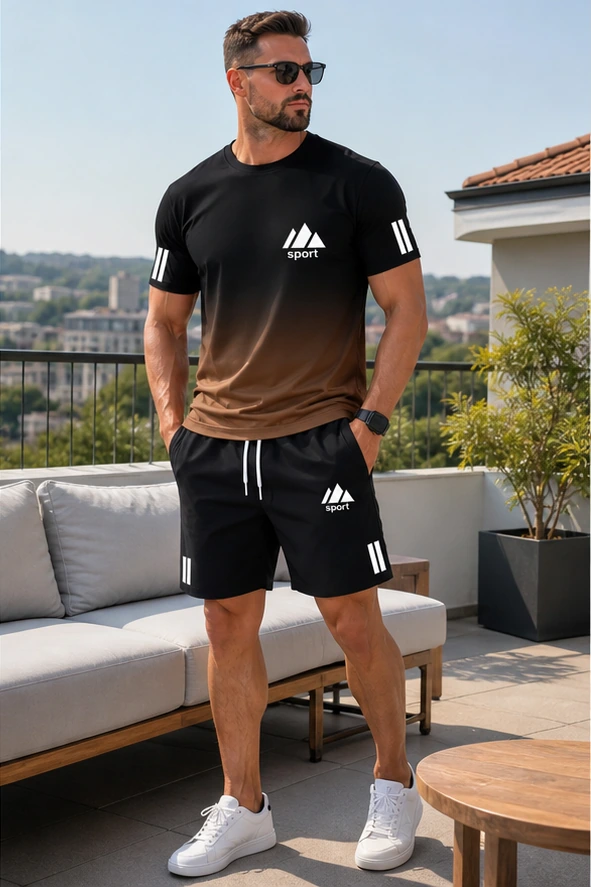 Braun verlaufendes Herren Sport-Set auf der Terrasse