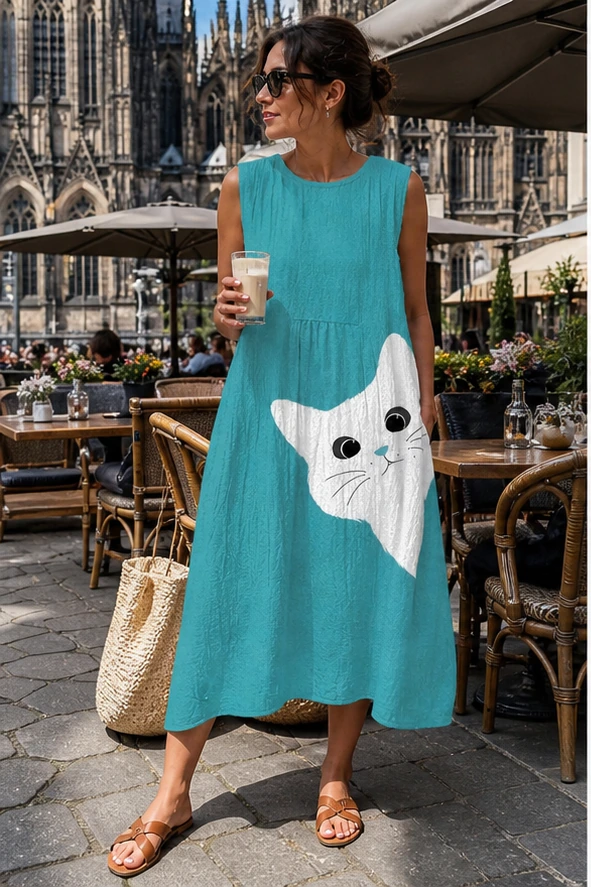 Türkises Katzenkleid auf der Caféterrasse