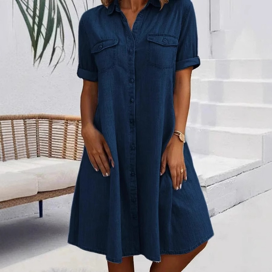 Cotton Buckle Loose Shirt Collar Short Dress