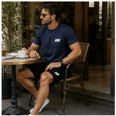 Café am Morgen mit dem Herren-Sommer-Set in Marineblau