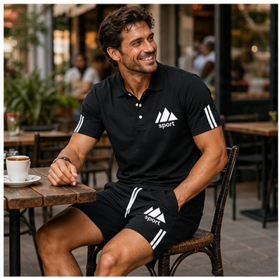 Café am Morgen mit dem Herren-Sommer-Set in Schwarz