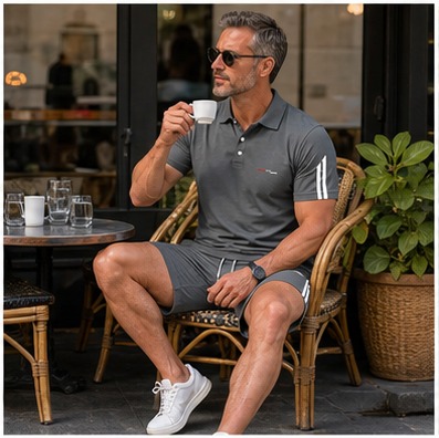 Café am Morgen mit dem Herren-Sommer-Set in Grau