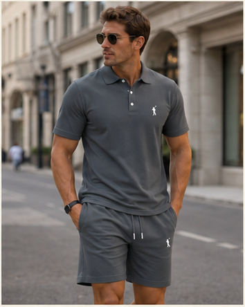 Jonas D. kombiniert das Herren-Polo-Set in Grau