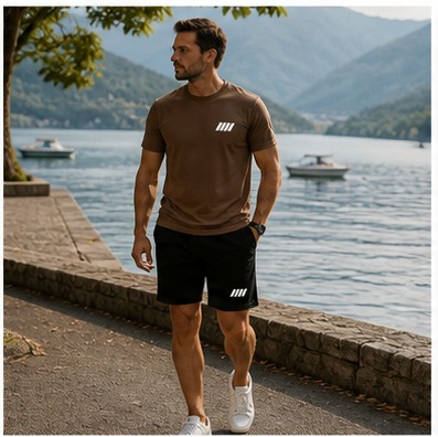 Am See mit dem Herren-Sommer-Set in Kaffee