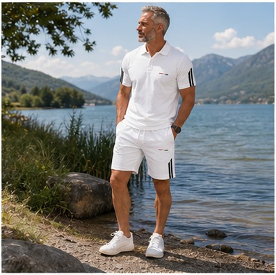 Am See mit dem Herren-Sommer-Set in Navy Blau