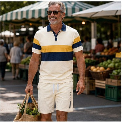 Wochenmarkt mit dem Herren-Sommer-Set in Aprikose