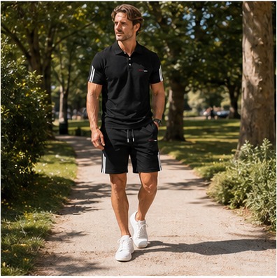 Parkspaziergang mit dem Herren-Sommer-Set in Blau