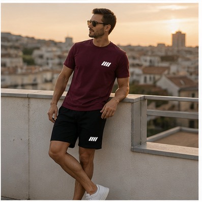 Abendterrasse mit dem Herren-Sommer-Set in Burgunderrot