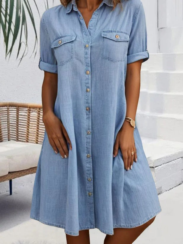 Cotton Buckle Loose Shirt Collar Short Dress