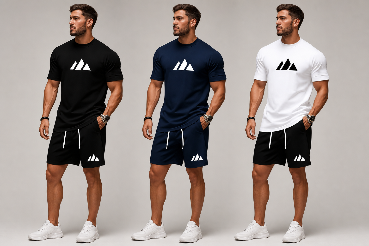Drei Farbkombinationen des Herren Sport-Sets