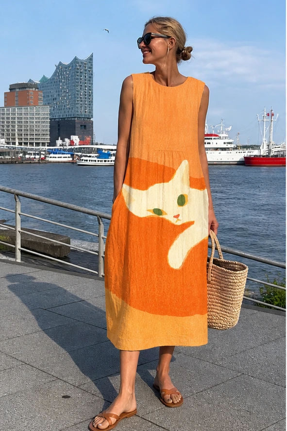 Orangefarbenes Katzenkleid am Hamburger Hafen
