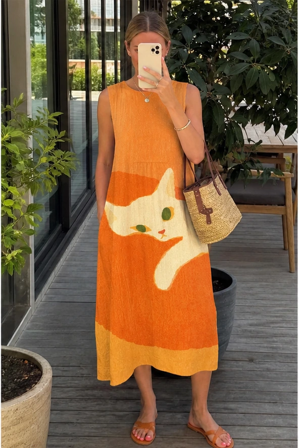 Orangefarbenes Katzenkleid beim Outfit-Selfie