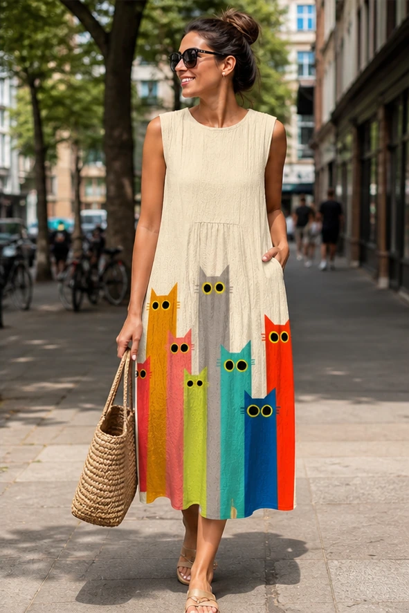 Cremefarbenes Katzenkleid beim Stadtspaziergang