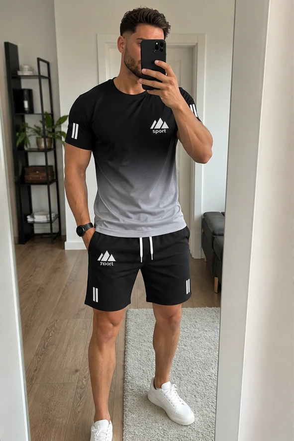 Grau verlaufendes Herren Sport-Set beim Spiegel-Selfie