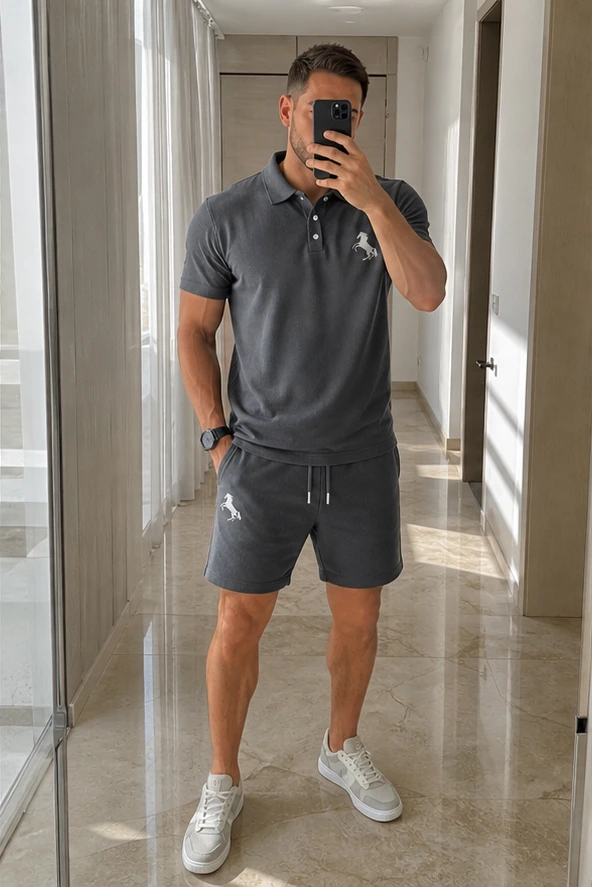 Graues Herren Polo-Set beim Spiegel-Selfie