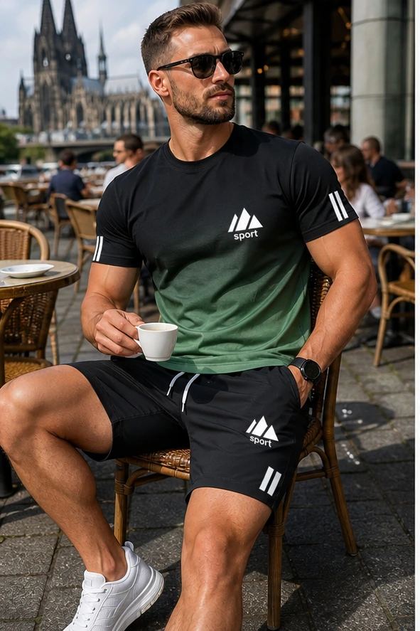 Grün verlaufendes Herren Sport-Set auf der Caféterrasse