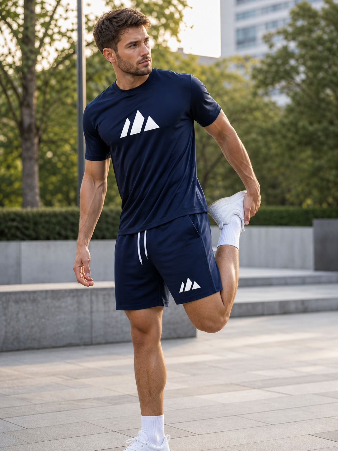 Herren Sport-Set in Marineblau bei einer Aufwärmbewegung