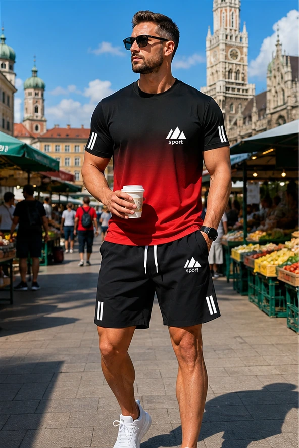 Rot verlaufendes Herren Sport-Set auf dem Wochenmarkt