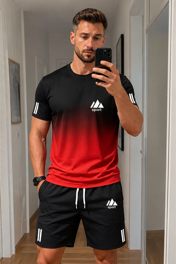 Rot verlaufendes Herren Sport-Set beim Spiegel-Selfie
