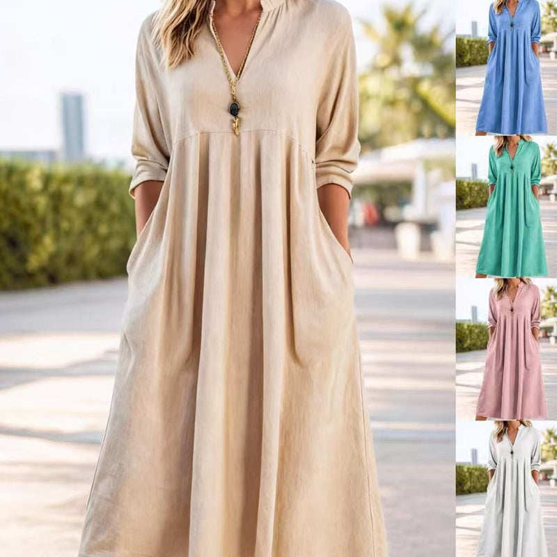 ⏳ Zeitlich begrenztes Sonderangebot ⏰ Damen Freizeit V-Ausschnitt Midikleid mit Taschen