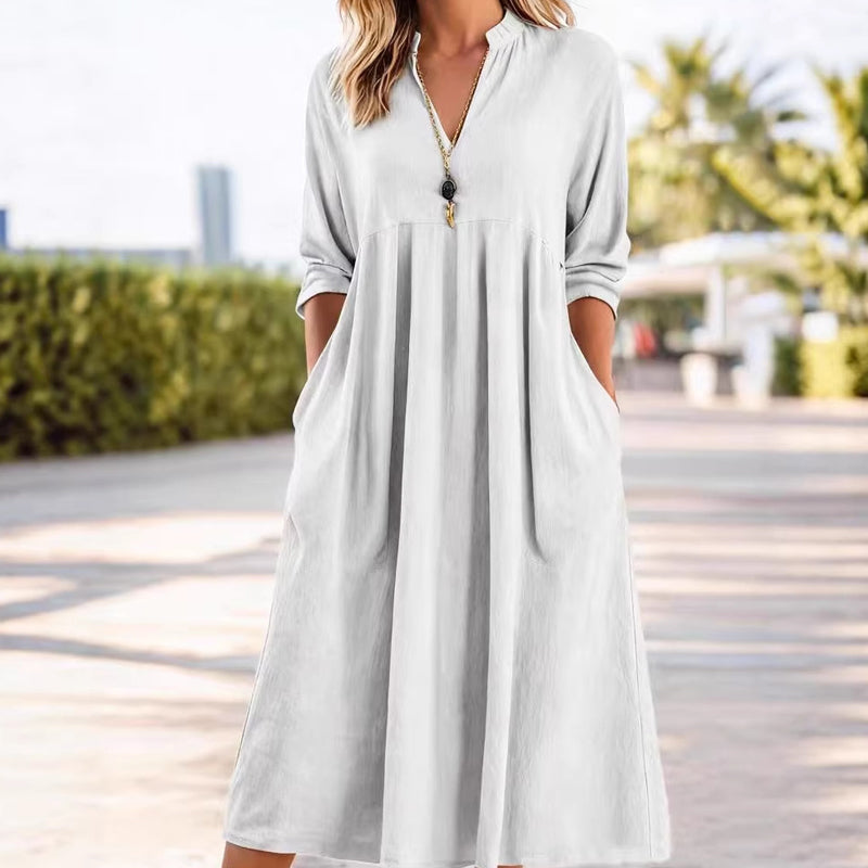 ⏳ Zeitlich begrenztes Sonderangebot ⏰ Damen Freizeit V-Ausschnitt Midikleid mit Taschen