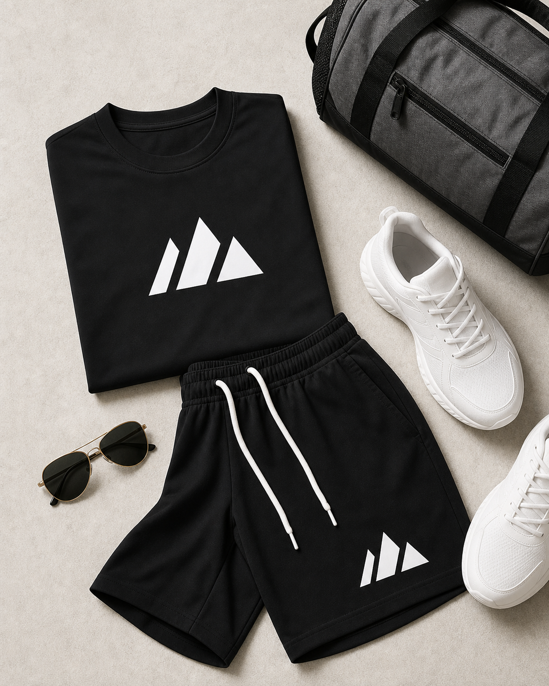 Schwarzes Herren Sport-Set als Reise-Flatlay
