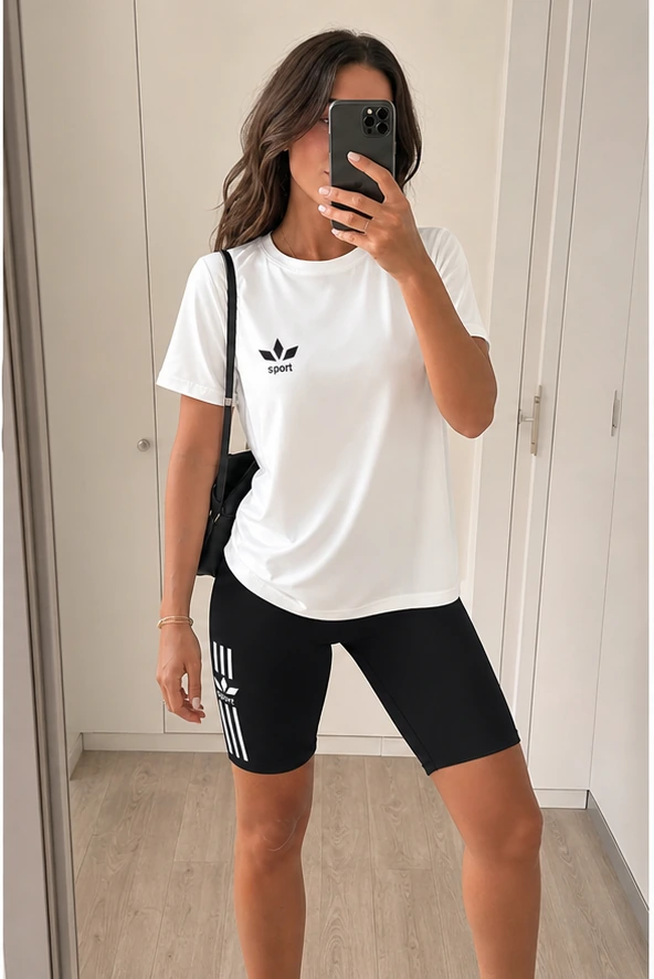 Weißes Damen Sport-Set beim Spiegel-Selfie