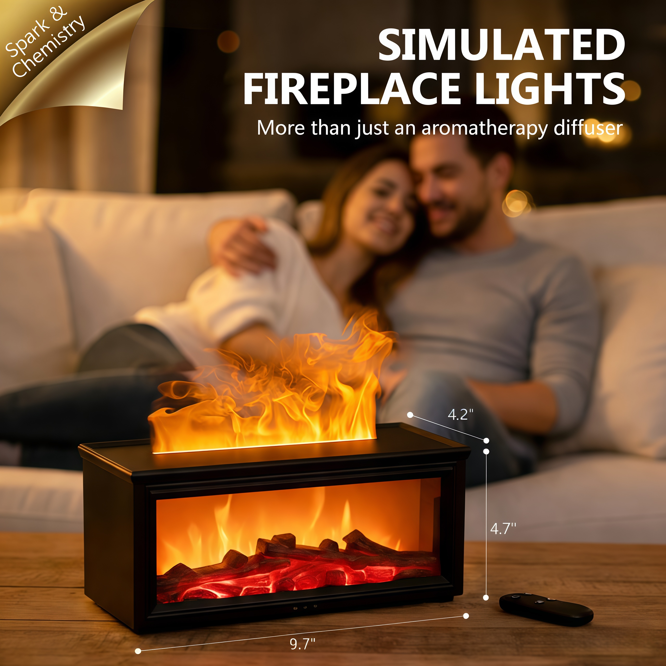 Simulation Fireplace Humidifier, Fireplace Humidifier Diffuser, 7 Colors Flame Diffuser for Essential Oils, Fire Aroma Diffuser with Remote, Air Humidifiers Aromatherapy Diffuser for Home, Bedroom, Office,Yoga