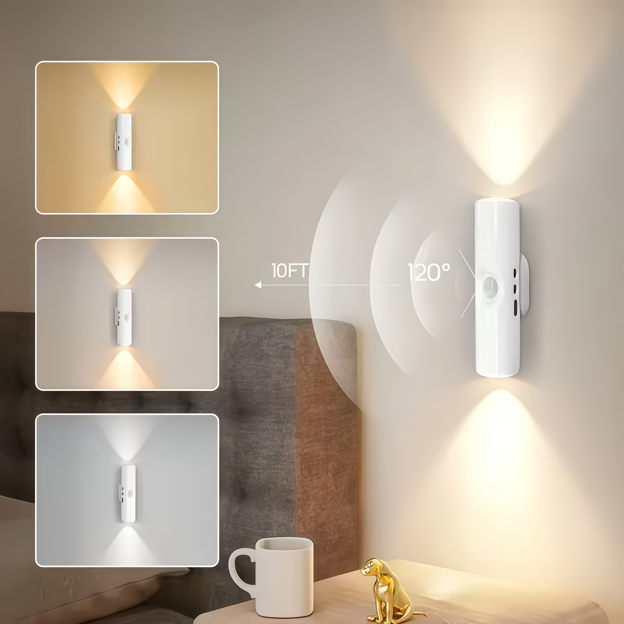Smart Motion Sensor LED Night Light ,White And Three-Color Dual-Head Cat-Eye Wall Lights , Stick-On No Drilling Bedside Lamp,USB Rechargeable Bedside Night Light, Christmas Lighting, Suitable for Bedroom, Hallway, Staircase, and Office Ambient Lighting.