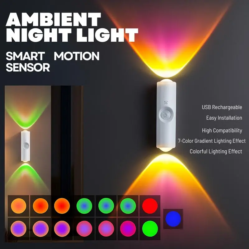 Smart Motion Sensor LED Night Light , RGB Gradient Ambient Lighting,Long-Lasting Battery,Type-C&USB Rechargeable Magnetic Dimmable Ambient Lighting, Stick-On No Drilling Bedside Lamp, Indoor Home Decor for Bedroom Hallway Stairway Entryway Living Room