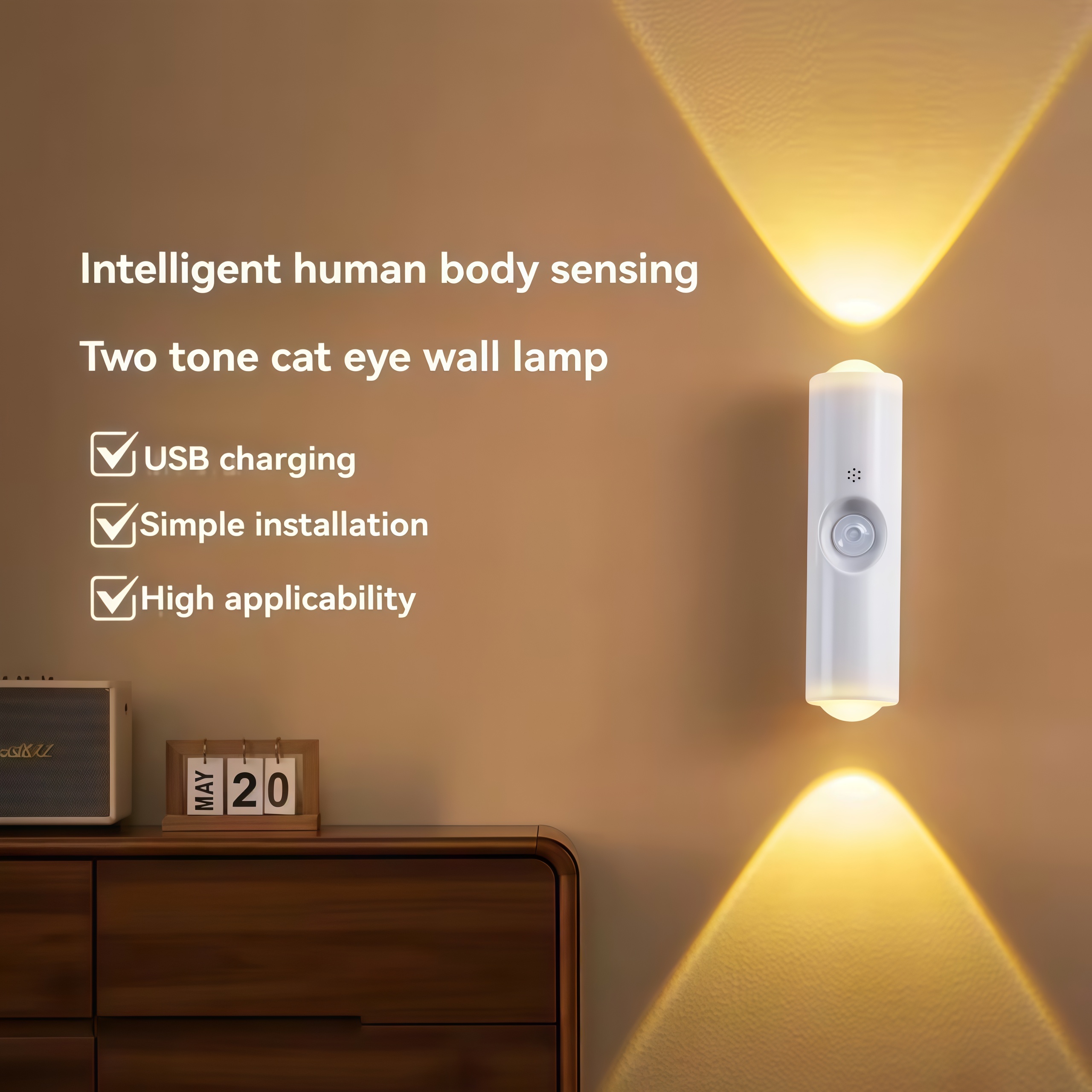 Smart Motion Sensor LED Night Light ,White And Three-Color Dual-Head Cat-Eye Wall Lights , Stick-On No Drilling Bedside Lamp,USB Rechargeable Bedside Night Light, Christmas Lighting, Suitable for Bedroom, Hallway, Staircase, and Office Ambient Lighting.
