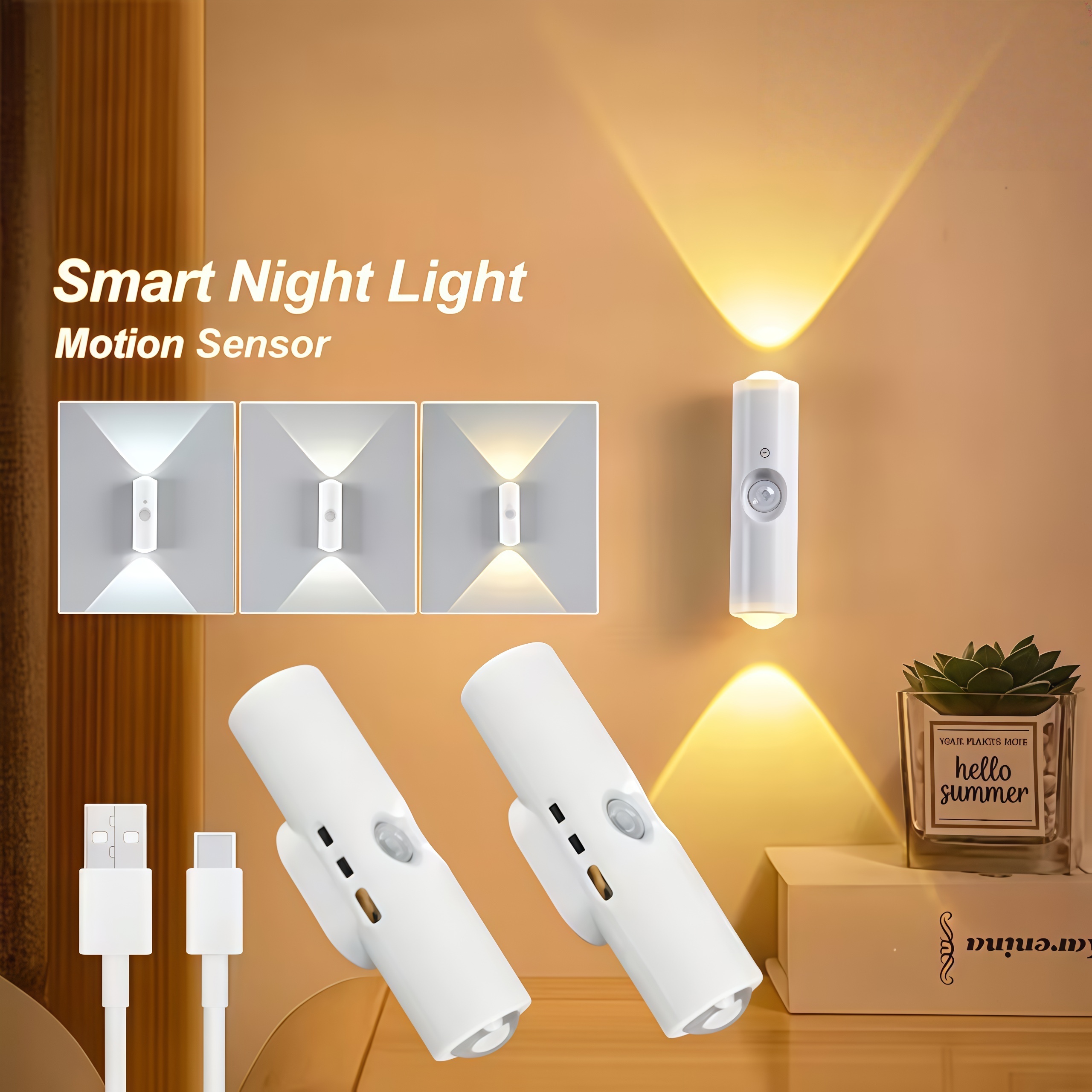 Smart Motion Sensor LED Night Light ,White And Three-Color Dual-Head Cat-Eye Wall Lights , Stick-On No Drilling Bedside Lamp,USB Rechargeable Bedside Night Light, Christmas Lighting, Suitable for Bedroom, Hallway, Staircase, and Office Ambient Lighting.