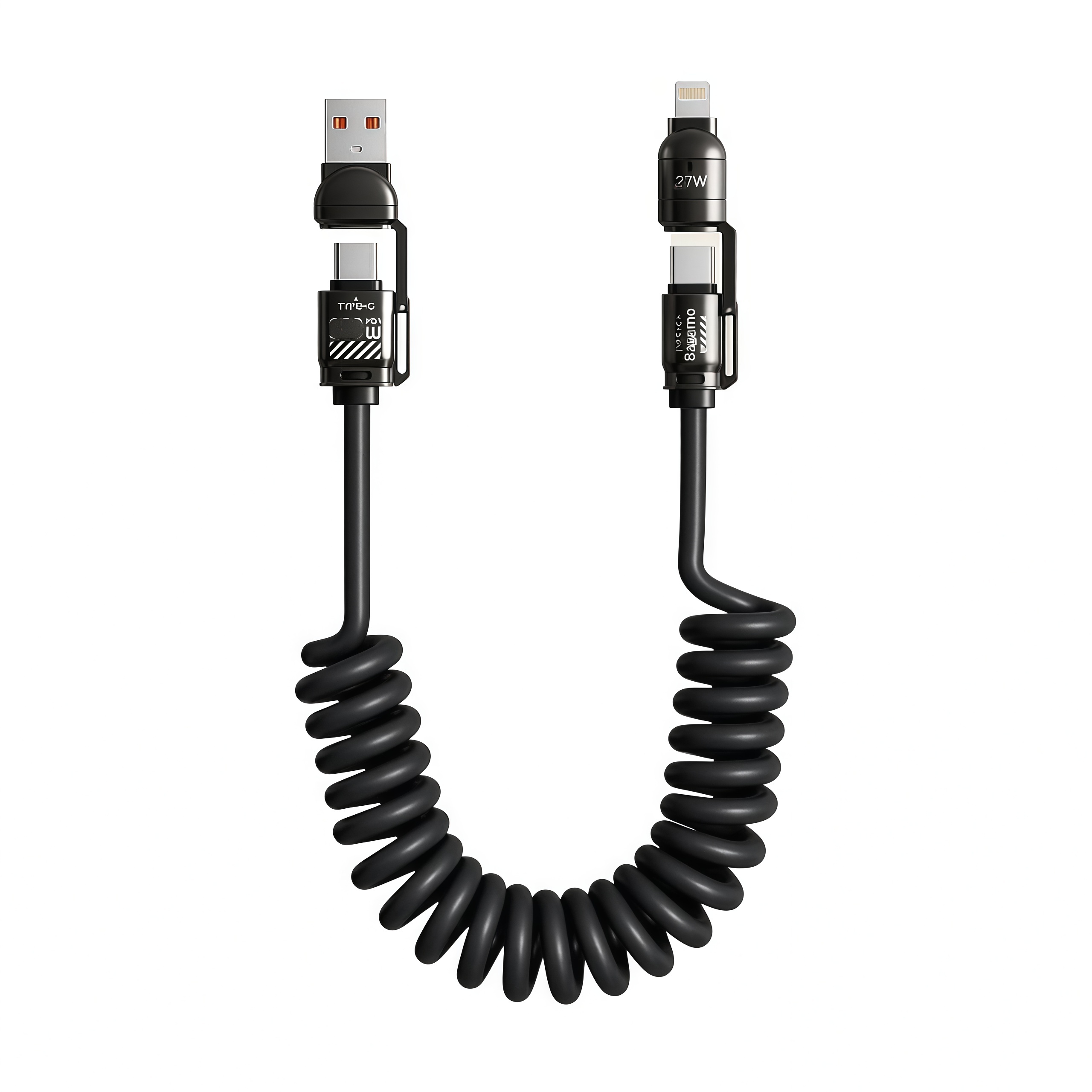 4-in-1 Coiled 240W Rapid Charging Cable,240W Super Fast Charging Spring Data Cable 4 in 1, 2 Meters Extended Spring Cable.