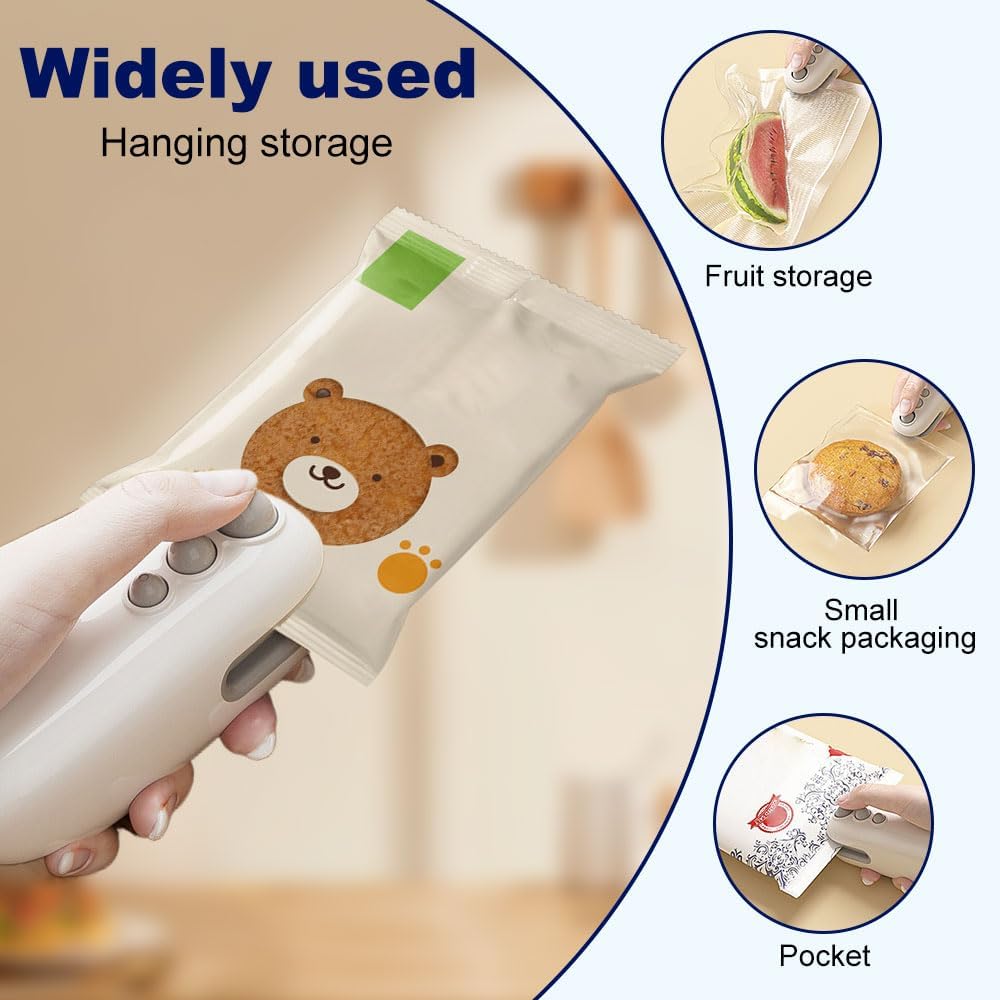 Mini Bag Sealer, 2026 Upgrade Portable Handheld Vacuum Food Sealer Bag Sealing Machine for Plastic Bags Snack Bags,  Keep Food Fresh,Rechargeable 2 in 1 Snacks Mini Bag Sealer with Cutter for Travelers, Ideal for Selling Bags