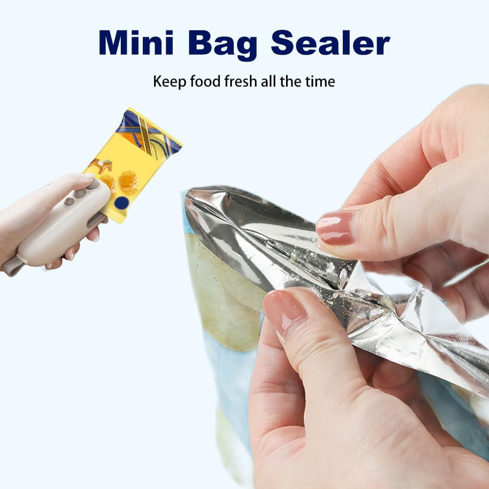 Mini Bag Sealer, 2026 Upgrade Portable Handheld Vacuum Food Sealer Bag Sealing Machine for Plastic Bags Snack Bags,  Keep Food Fresh,Rechargeable 2 in 1 Snacks Mini Bag Sealer with Cutter for Travelers, Ideal for Selling Bags