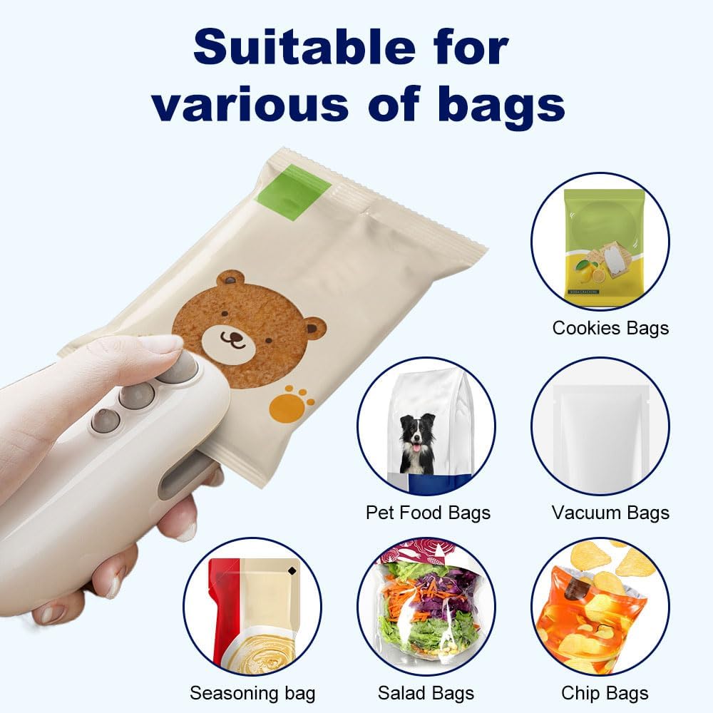 Mini Bag Sealer, 2026 Upgrade Portable Handheld Vacuum Food Sealer Bag Sealing Machine for Plastic Bags Snack Bags,  Keep Food Fresh,Rechargeable 2 in 1 Snacks Mini Bag Sealer with Cutter for Travelers, Ideal for Selling Bags