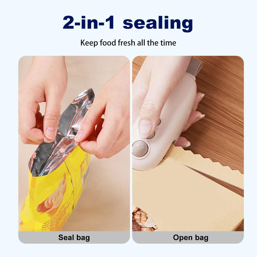 Mini Bag Sealer, 2026 Upgrade Portable Handheld Vacuum Food Sealer Bag Sealing Machine for Plastic Bags Snack Bags,  Keep Food Fresh,Rechargeable 2 in 1 Snacks Mini Bag Sealer with Cutter for Travelers, Ideal for Selling Bags