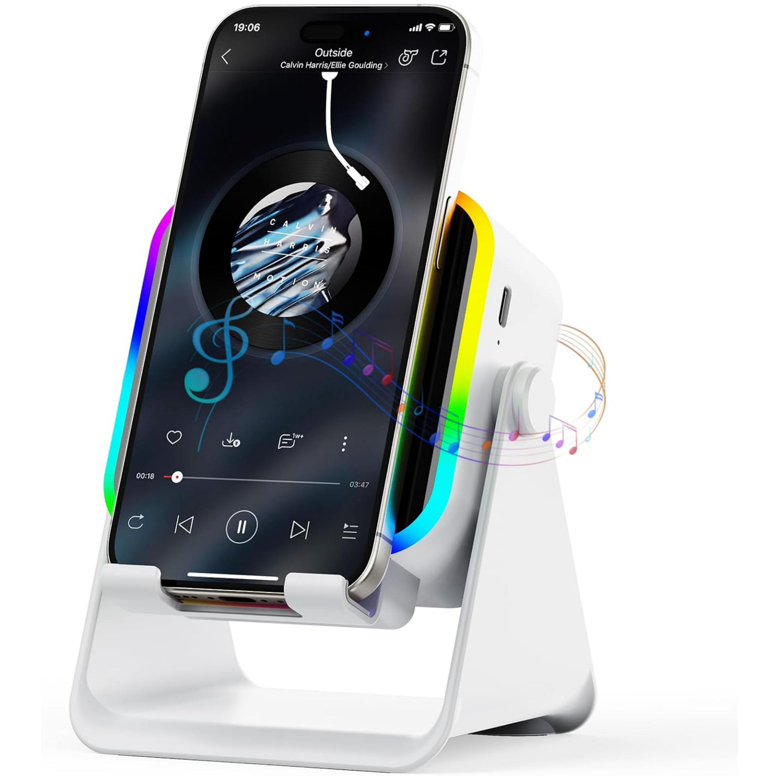 Wireless Induction Speaker 5-in-1 Bluetooth Speaker with Phone Stand,Stereo Sound, 3500mAh Rechargeable, 8 RGB Ambient Light, 360° Adjustable Holder for iPhone/Android/iPad,Gifts for Men Women