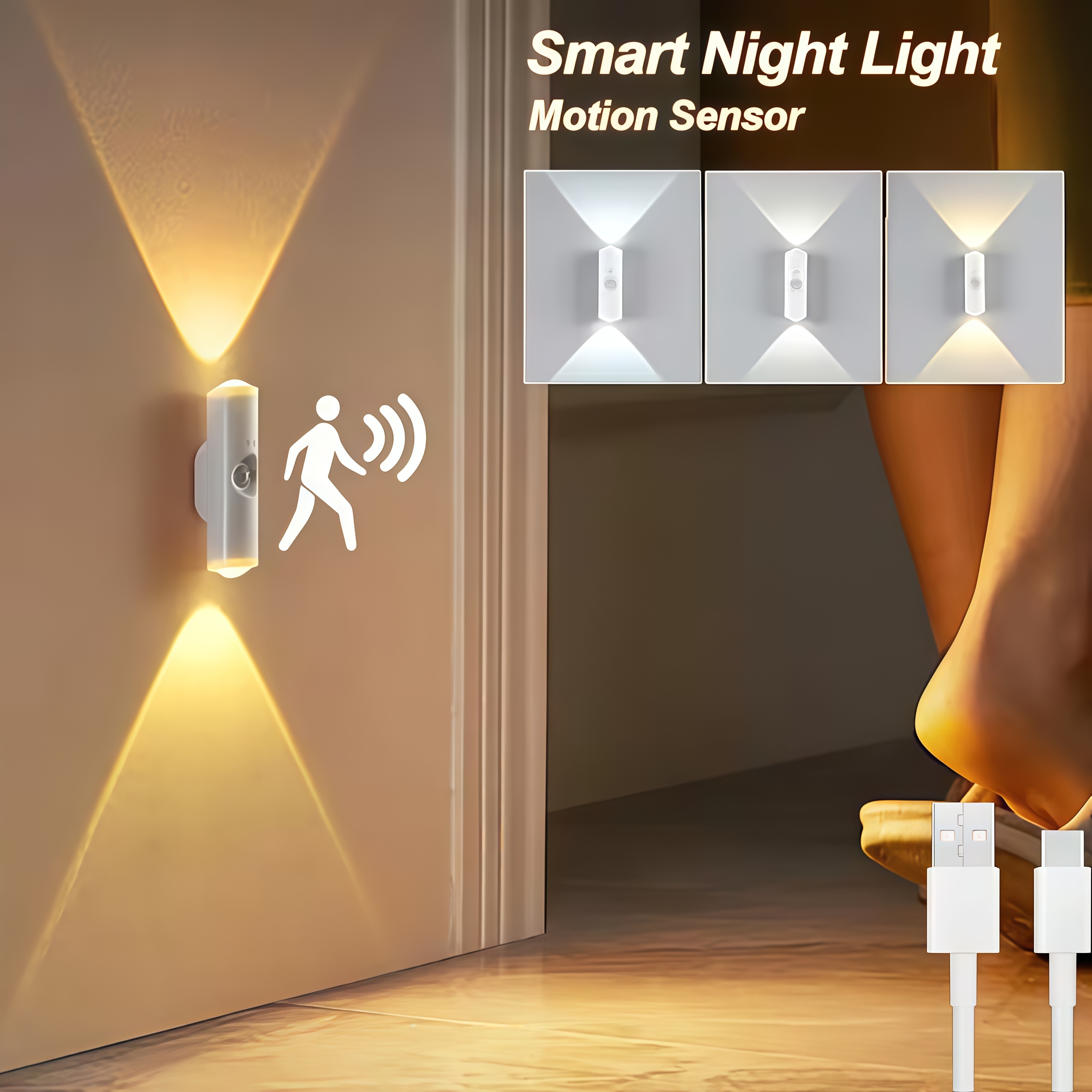 Smart Motion Sensor LED Night Light ,White And Three-Color Dual-Head Cat-Eye Wall Lights , Stick-On No Drilling Bedside Lamp,USB Rechargeable Bedside Night Light, Christmas Lighting, Suitable for Bedroom, Hallway, Staircase, and Office Ambient Lighting.