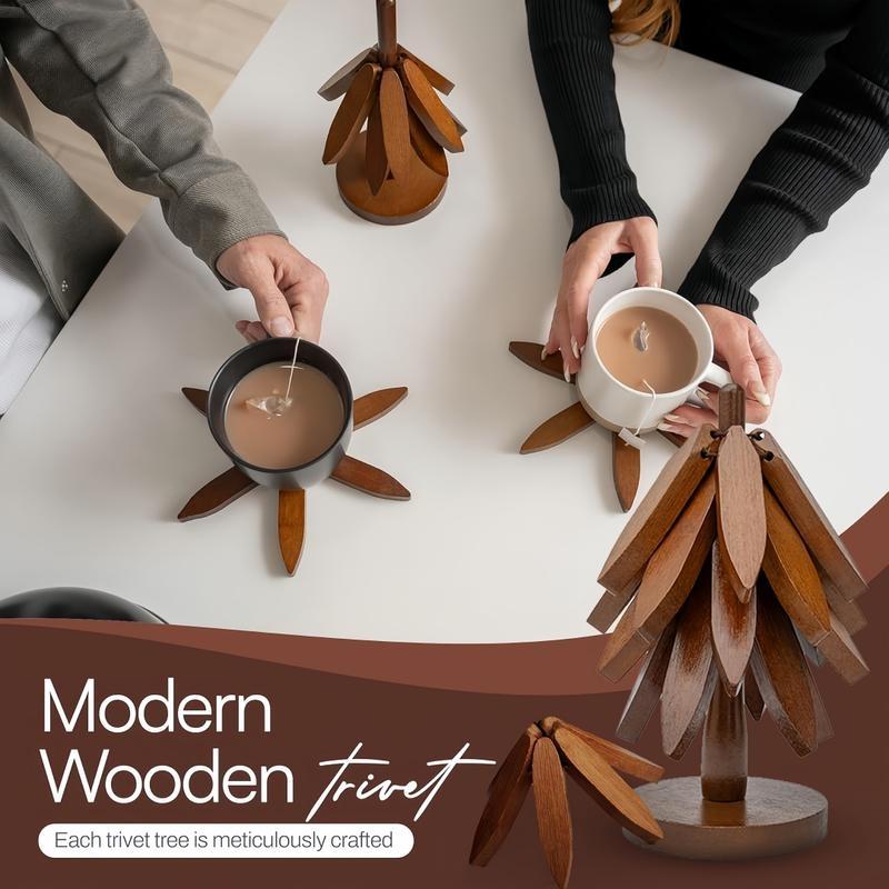 Natural Tree Trivet Set - Christmas Tree Design! This heat - resistant set includes 4 walnut - wood trivets and 1 stand, stored like a Christmas tree. A foldable kitchen decor art, perfect for pots, bowls, coffee mugs, teapots and hot pots.