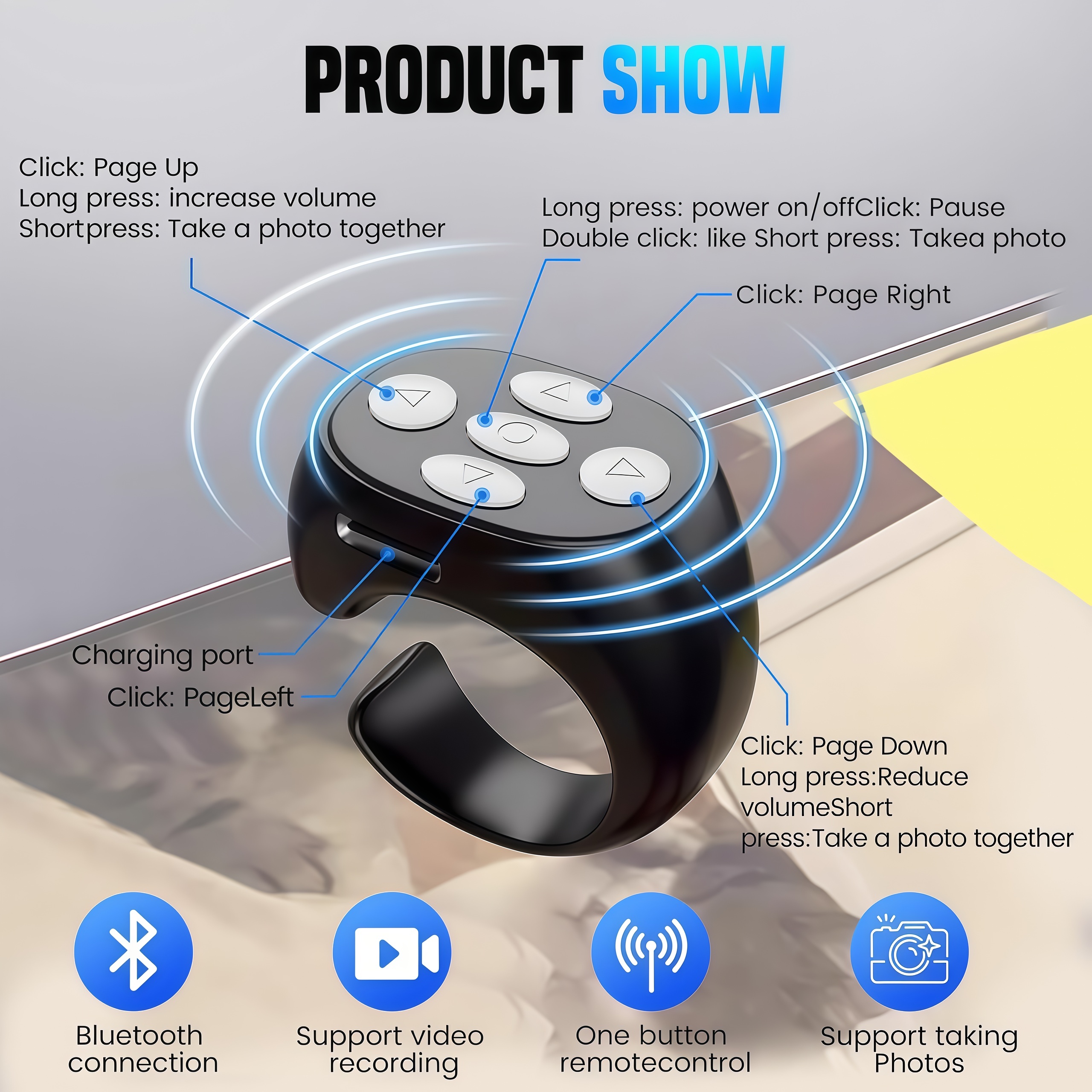 Fingertip Wireless Bluetooth Remote Control, Fingertip Remote Control Ring, Remote Control App Page Turner, Scrolling Rings Rechargeable Camera Remote, for Phone Tablets Selfie, Flip Page