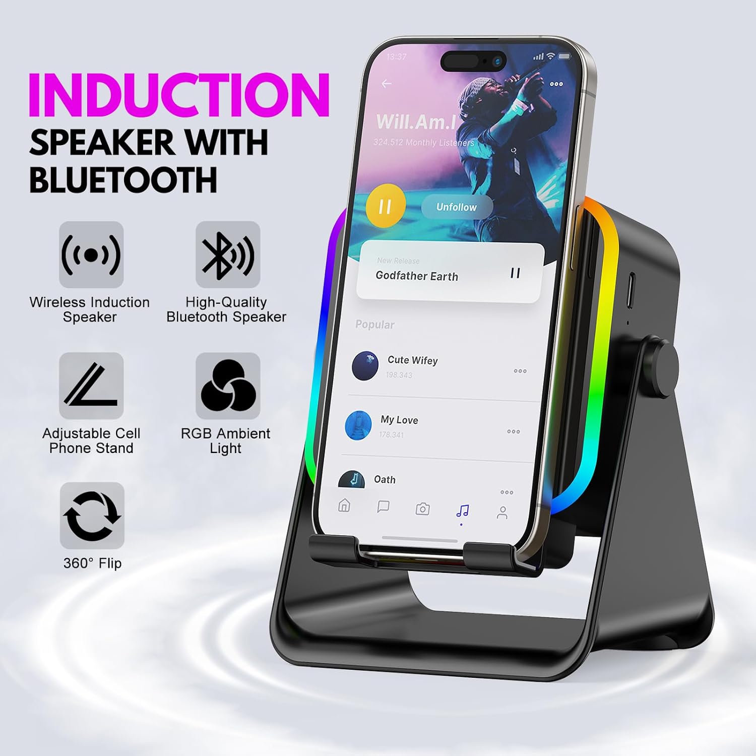 Wireless Induction Speaker 5-in-1 Bluetooth Speaker with Phone Stand,Stereo Sound, 3500mAh Rechargeable, 8 RGB Ambient Light, 360° Adjustable Holder for iPhone/Android/iPad,Gifts for Men Women