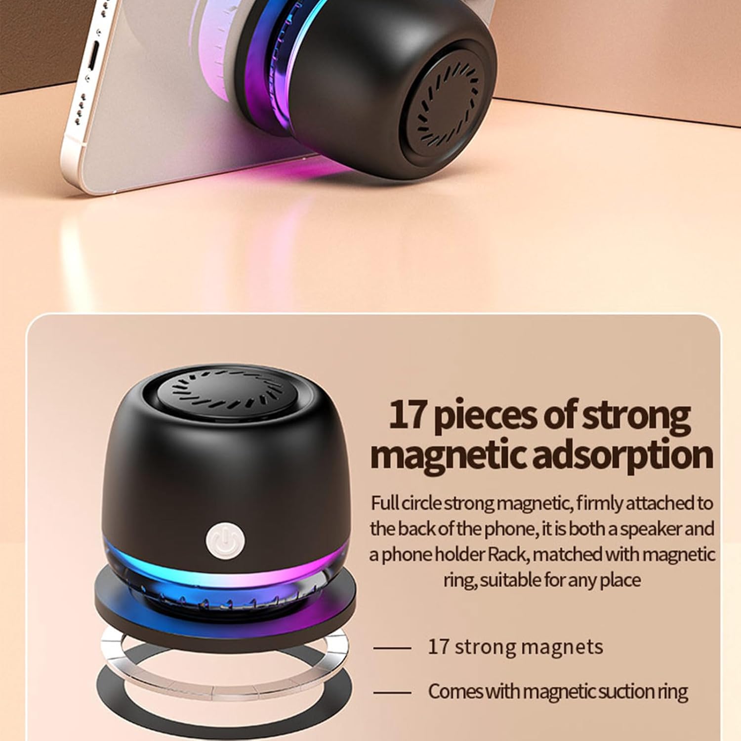 IPX67 Waterproof Shower Small Bluetooth Speaker, Magnetic MINI Speakers,Wireless Induction Bluetooth Speaker with 6 RGB Light,Ideal Gift for Men,Women,Outdoor,Camping,Party,Room,Car,Home