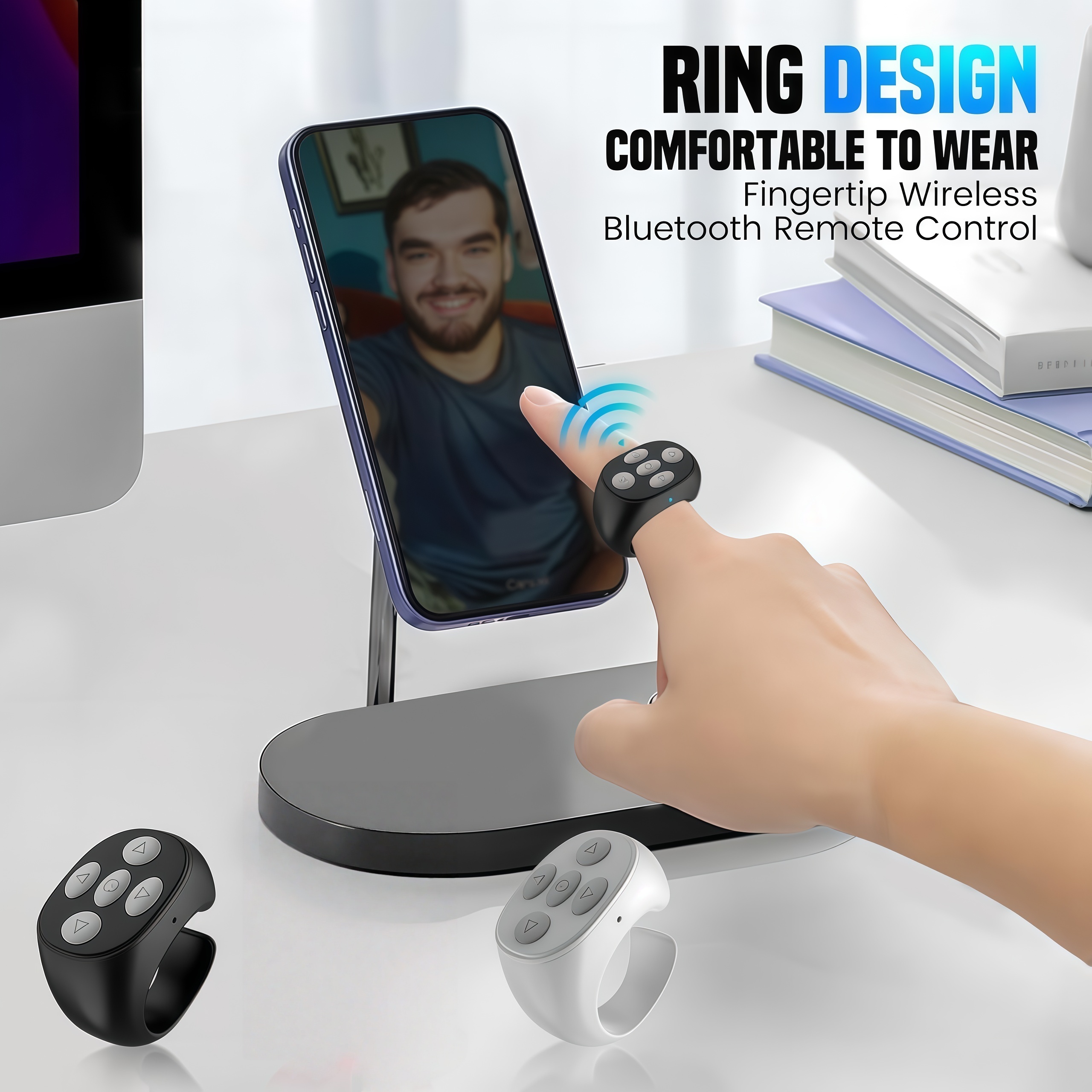 Fingertip Wireless Bluetooth Remote Control, Fingertip Remote Control Ring, Remote Control App Page Turner, Scrolling Rings Rechargeable Camera Remote, for Phone Tablets Selfie, Flip Page