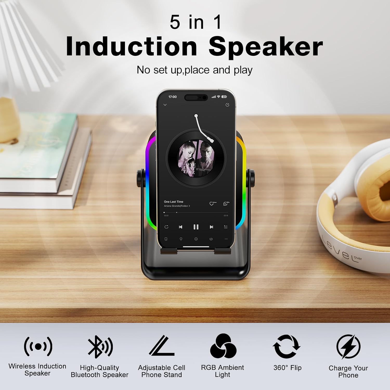 Wireless Induction Speaker 5-in-1 Bluetooth Speaker with Phone Stand,Stereo Sound, 3500mAh Rechargeable, 8 RGB Ambient Light, 360° Adjustable Holder for iPhone/Android/iPad,Gifts for Men Women