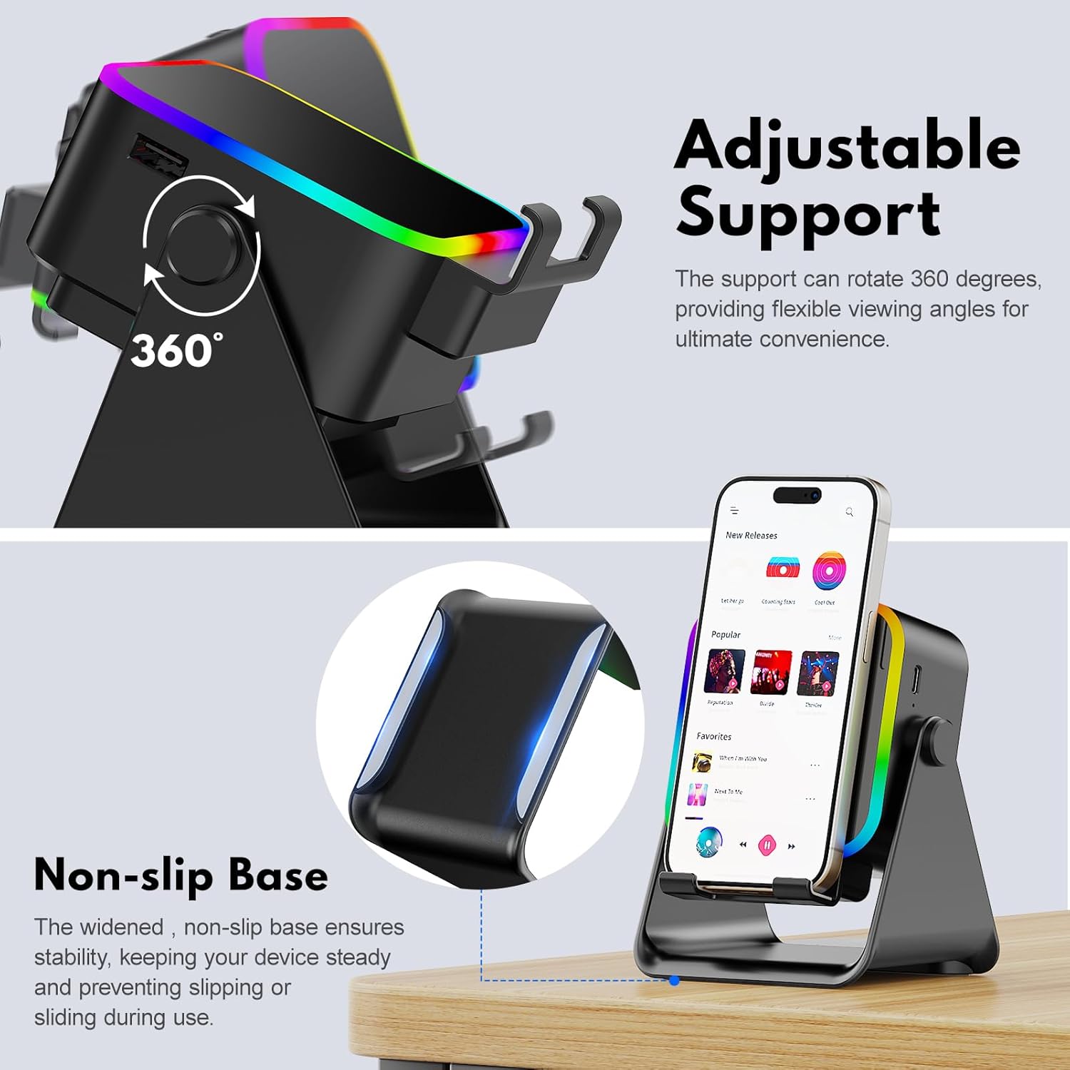 Wireless Induction Speaker 5-in-1 Bluetooth Speaker with Phone Stand,Stereo Sound, 3500mAh Rechargeable, 8 RGB Ambient Light, 360° Adjustable Holder for iPhone/Android/iPad,Gifts for Men Women