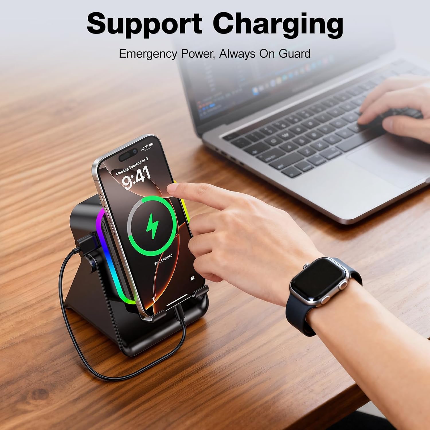 Wireless Induction Speaker 5-in-1 Bluetooth Speaker with Phone Stand,Stereo Sound, 3500mAh Rechargeable, 8 RGB Ambient Light, 360° Adjustable Holder for iPhone/Android/iPad,Gifts for Men Women